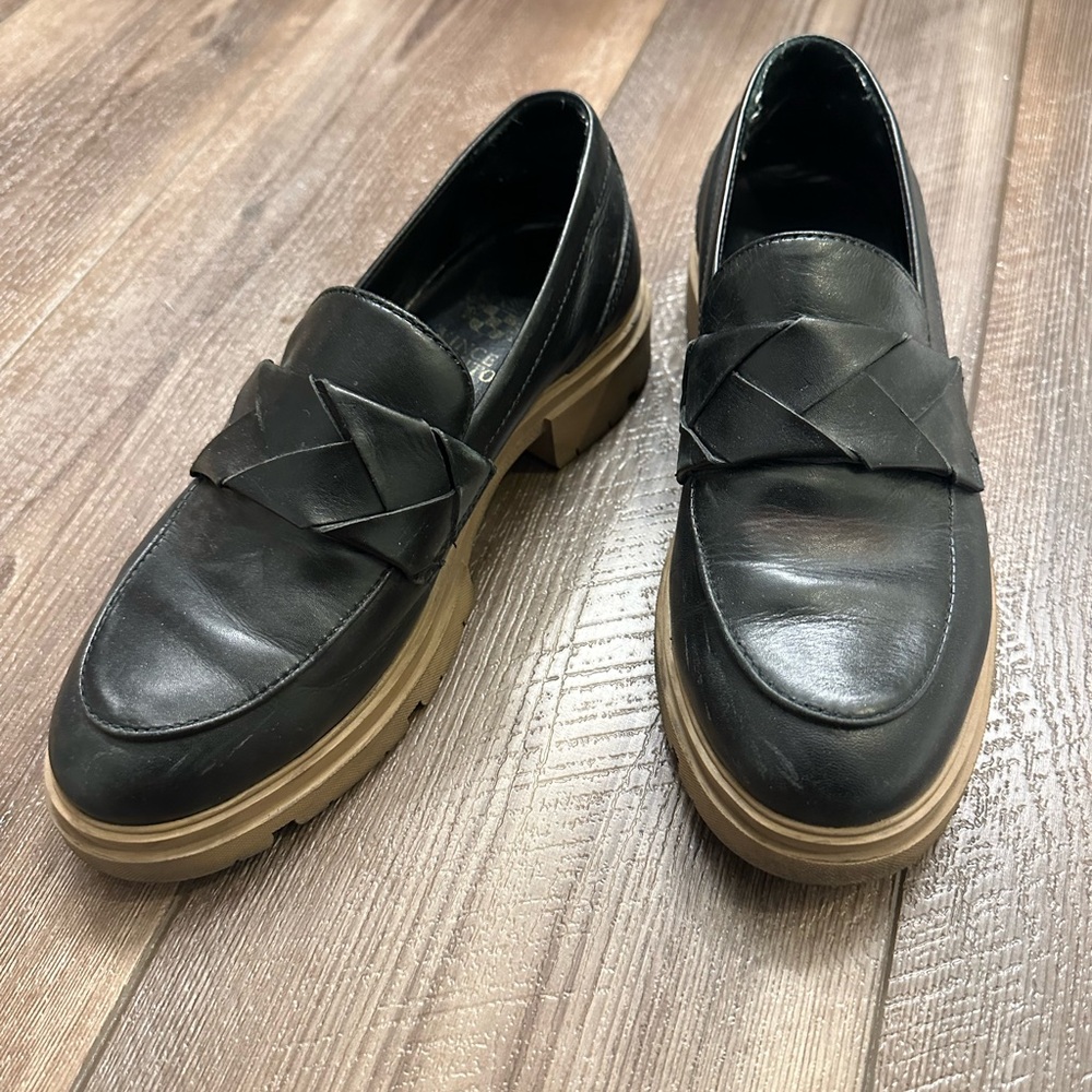Vince Camuto Black Leather Loafers with Brown Sole